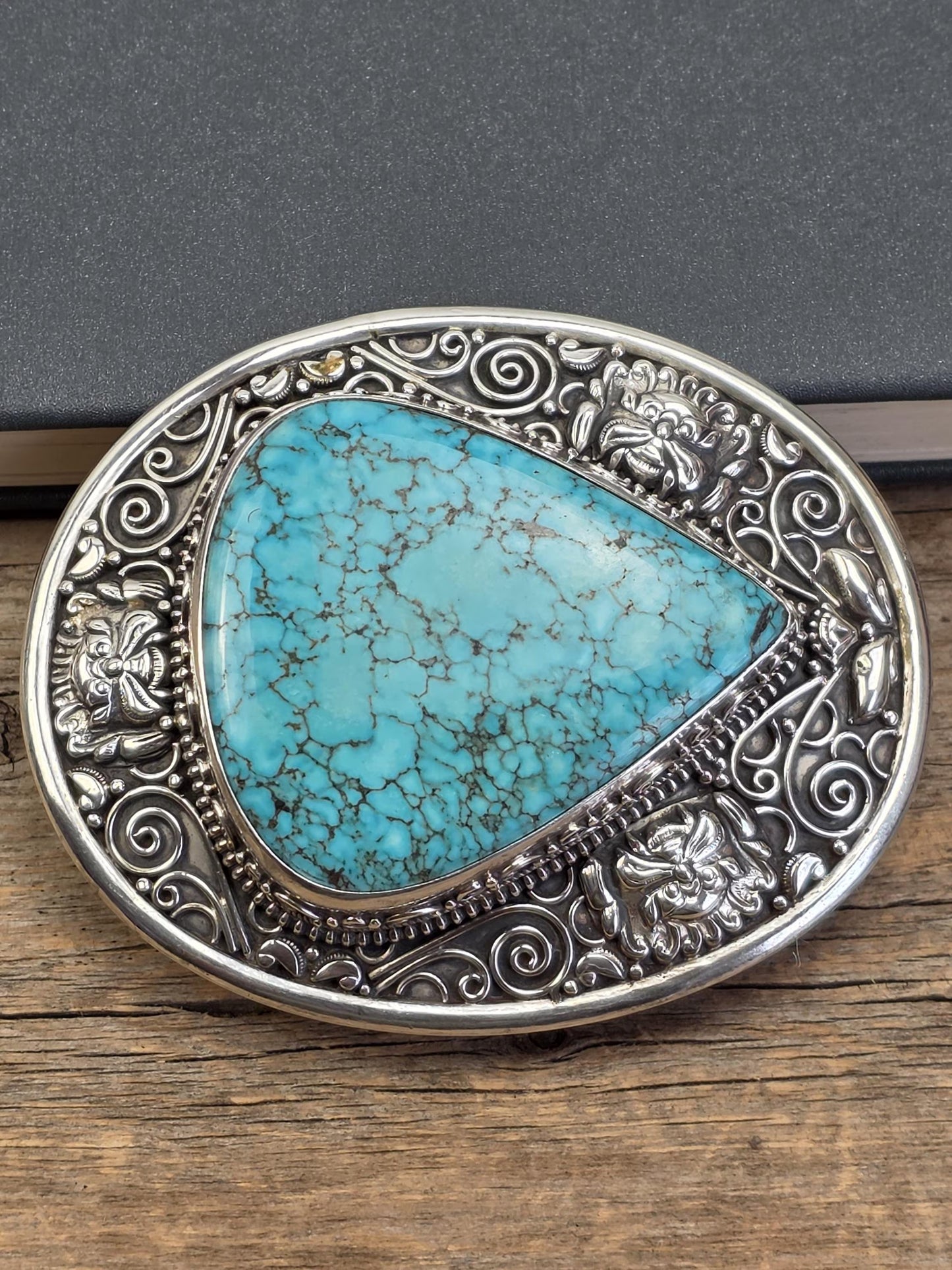 Solid Sterling Silver Turquoise Belt Buckle – Heavy Handmade Western Boho Unisex Statement Buckle