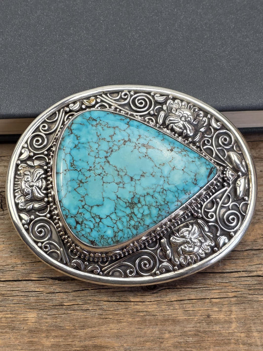 Solid Sterling Silver Turquoise Belt Buckle – Heavy Handmade Western Boho Unisex Statement Buckle