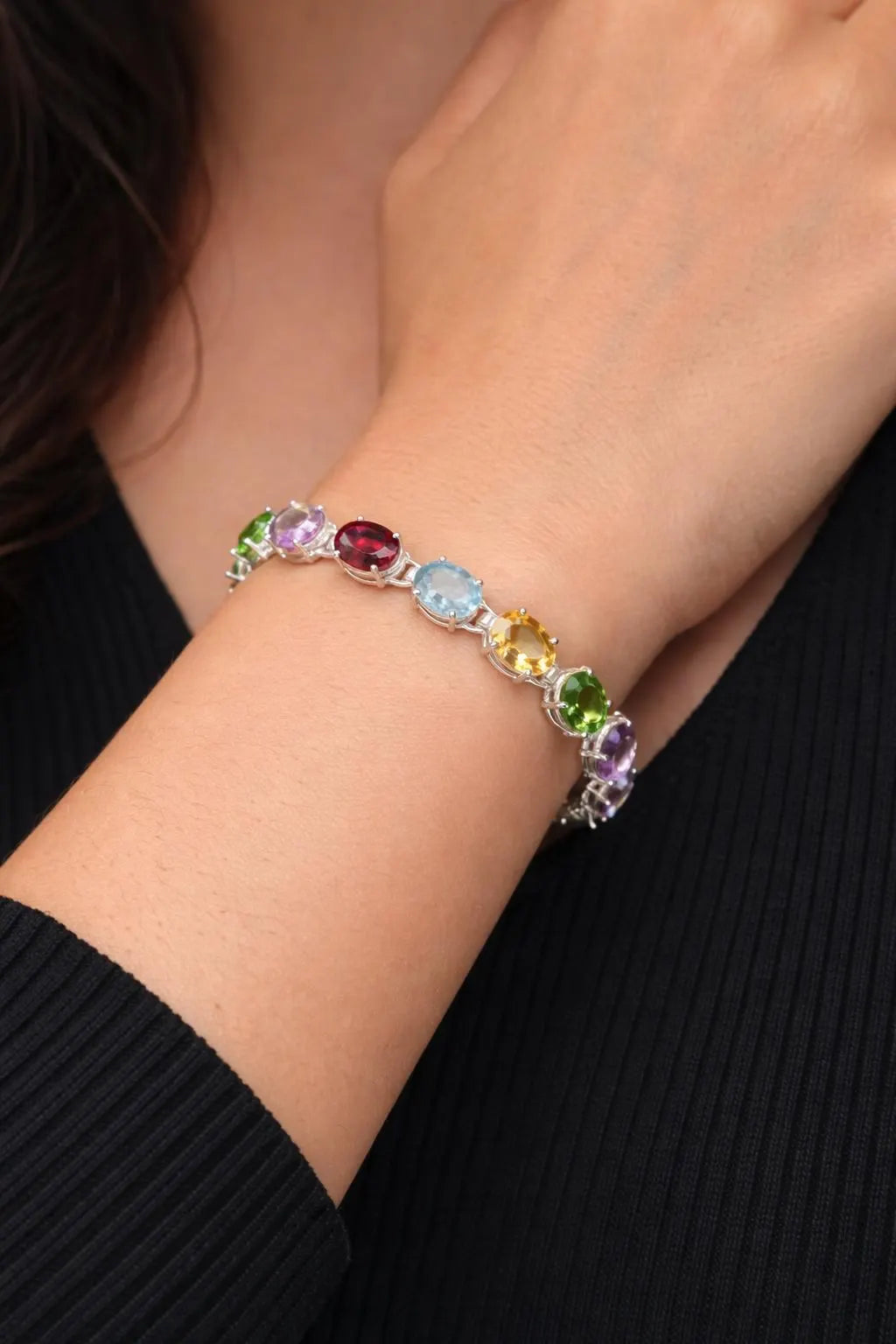 Sterling Silver Multi Gemstone Bracelet – Garnet, Peridot, Blue Topaz, Citrine & Amethyst
