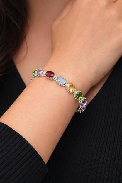 Sterling Silver Multi Gemstone Bracelet – Garnet, Peridot, Blue Topaz, Citrine & Amethyst