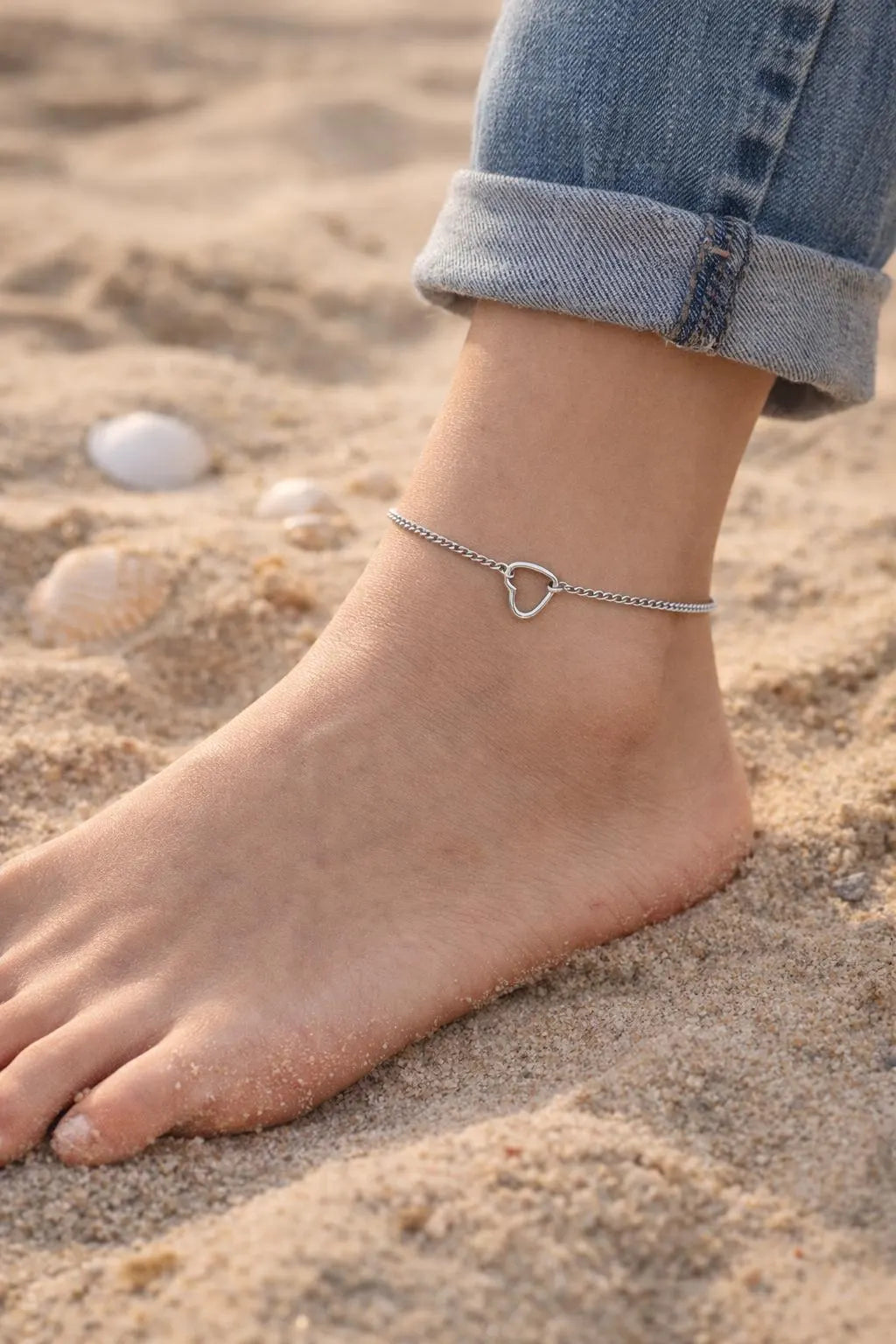 Sterling Silver Heart Anklet, Dainty 925 Silver Ankle Bracelet, Minimalist Heart Charm Anklet, Beach Jewelry Gift for Her
