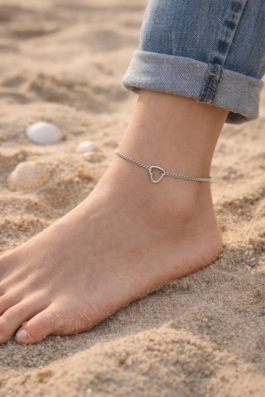 Sterling Silver Heart Anklet, Dainty 925 Silver Ankle Bracelet, Minimalist Heart Charm Anklet, Beach Jewelry Gift for Her