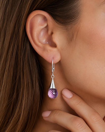 Sterling Silver Purple Amethyst Teardrop Earrings, Faceted Gemstone Dangle Hook Earrings