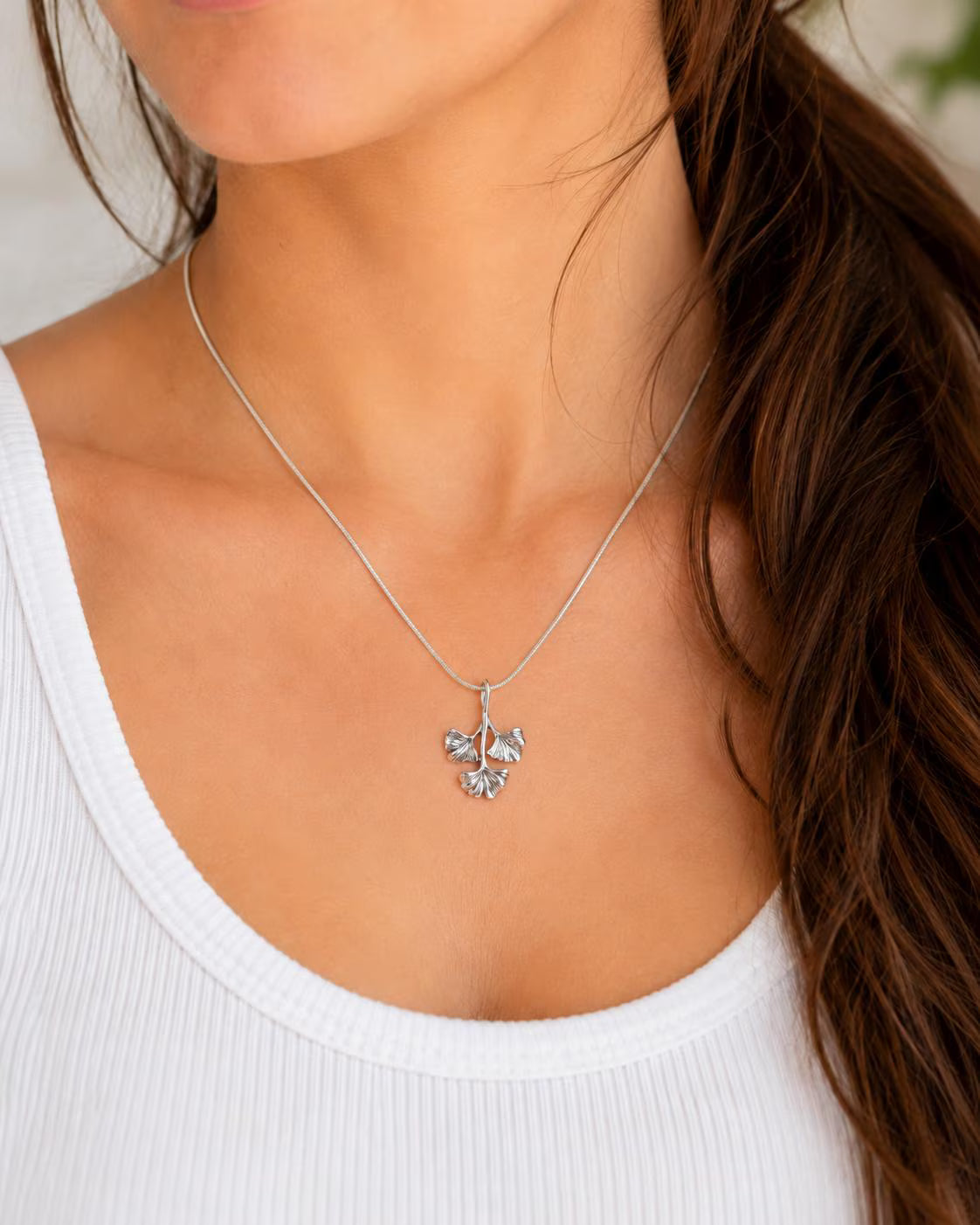 Sterling Silver Ginkgo Leaf Pendant – Botanical Three Leaf Charm, Nature Inspired Jewelry Gift