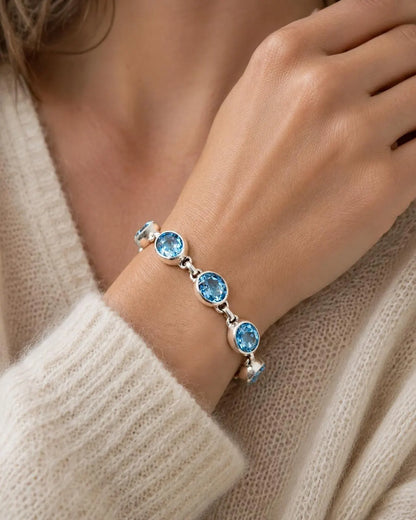 Swiss Blue Topaz Bracelet in Solid Sterling Silver – 5CT Oval Gemstone Link Bracelet
